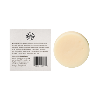 Plastic-free solid conditioner bar for surfers with a subtle coconut surf-wax scent.